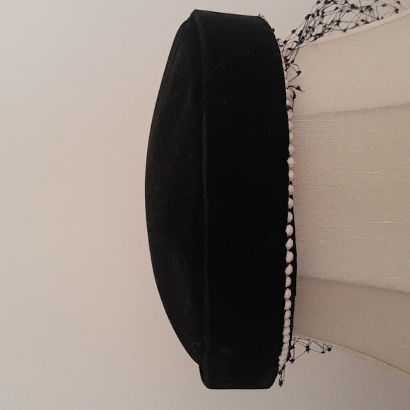 Small Black Velvet Pillbox Hat With Netting Veil, Tiny White Beading Trim - Picture 3 of 4